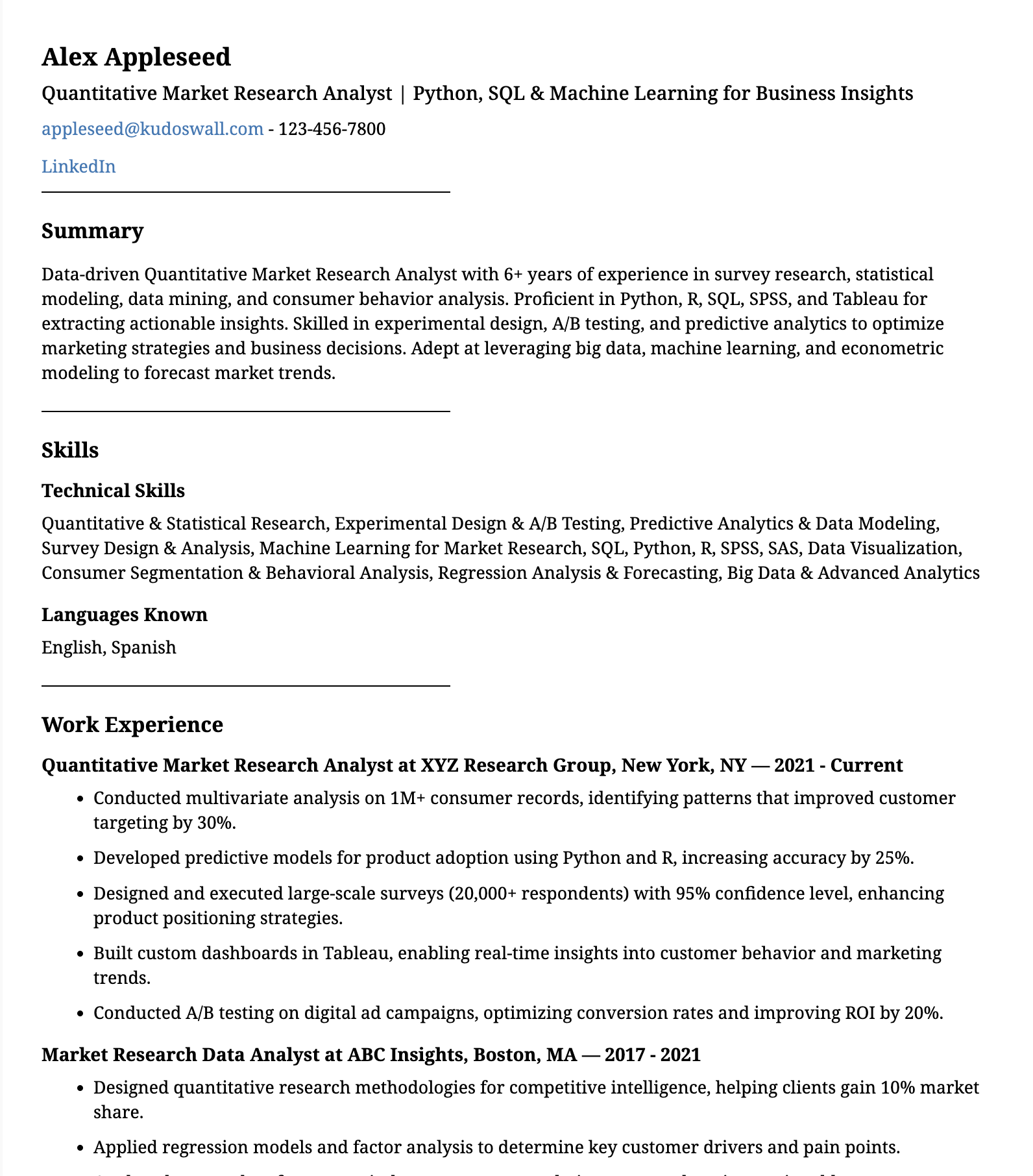 Quantitative Market Research Analyst Resume Sample