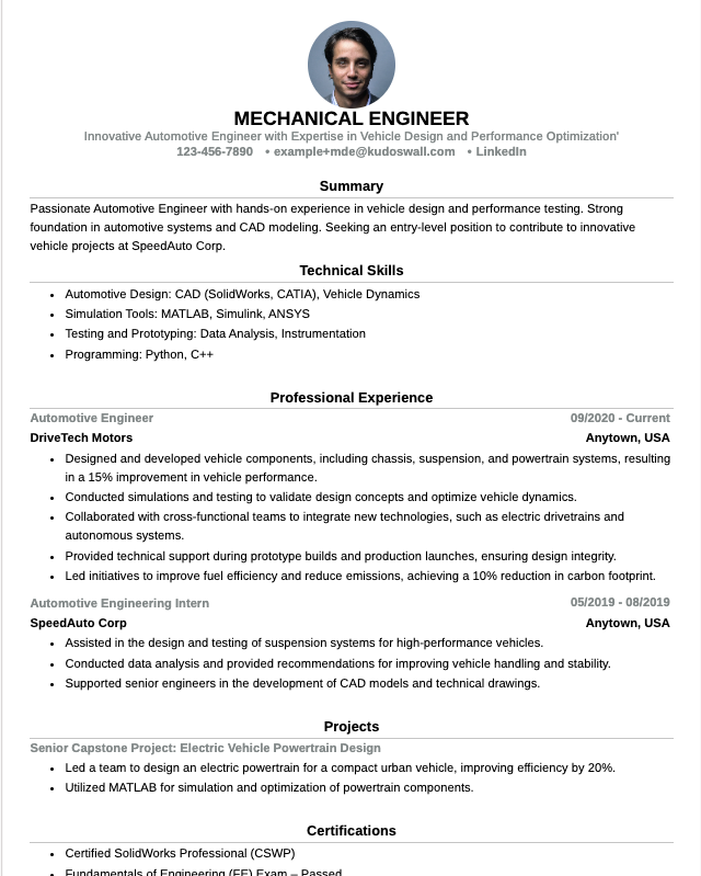 Automotive Engineer Resume Example