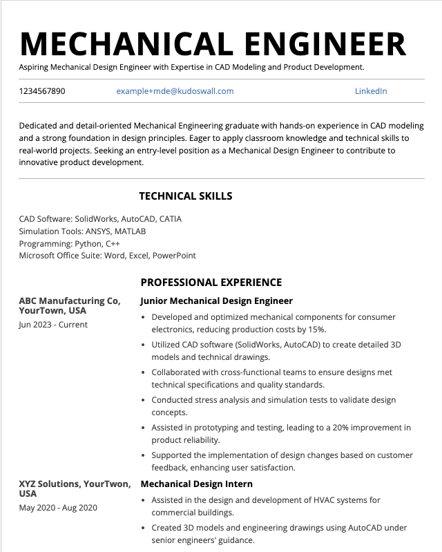 Junior Mechanical Design Engineer Resume Example