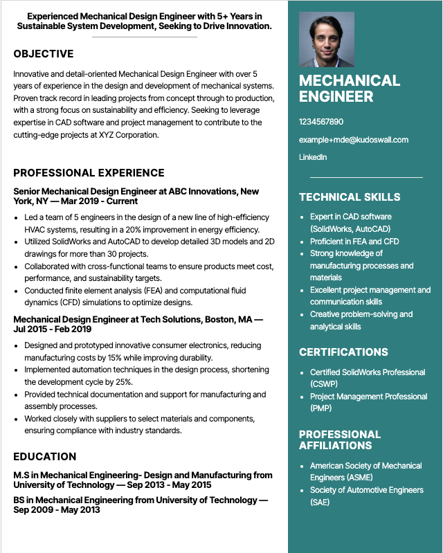 mechanical engineering design resume