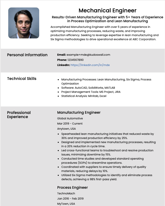 Manufacturing Engineer Resume Example