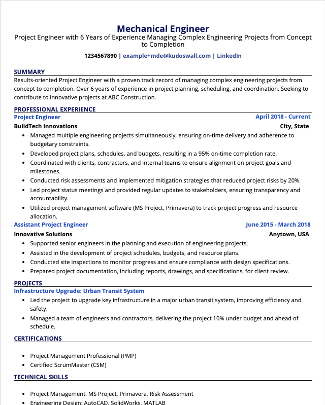 Project Engineer Resume Example