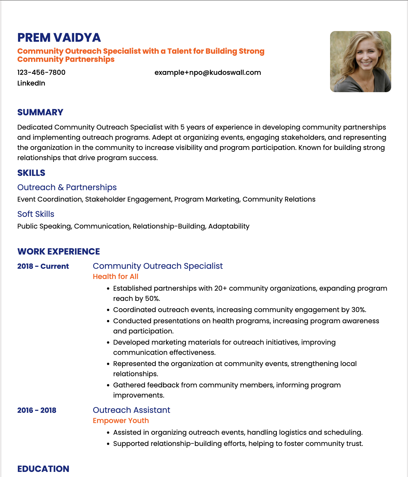 Community Outreach Specialis Resume Example