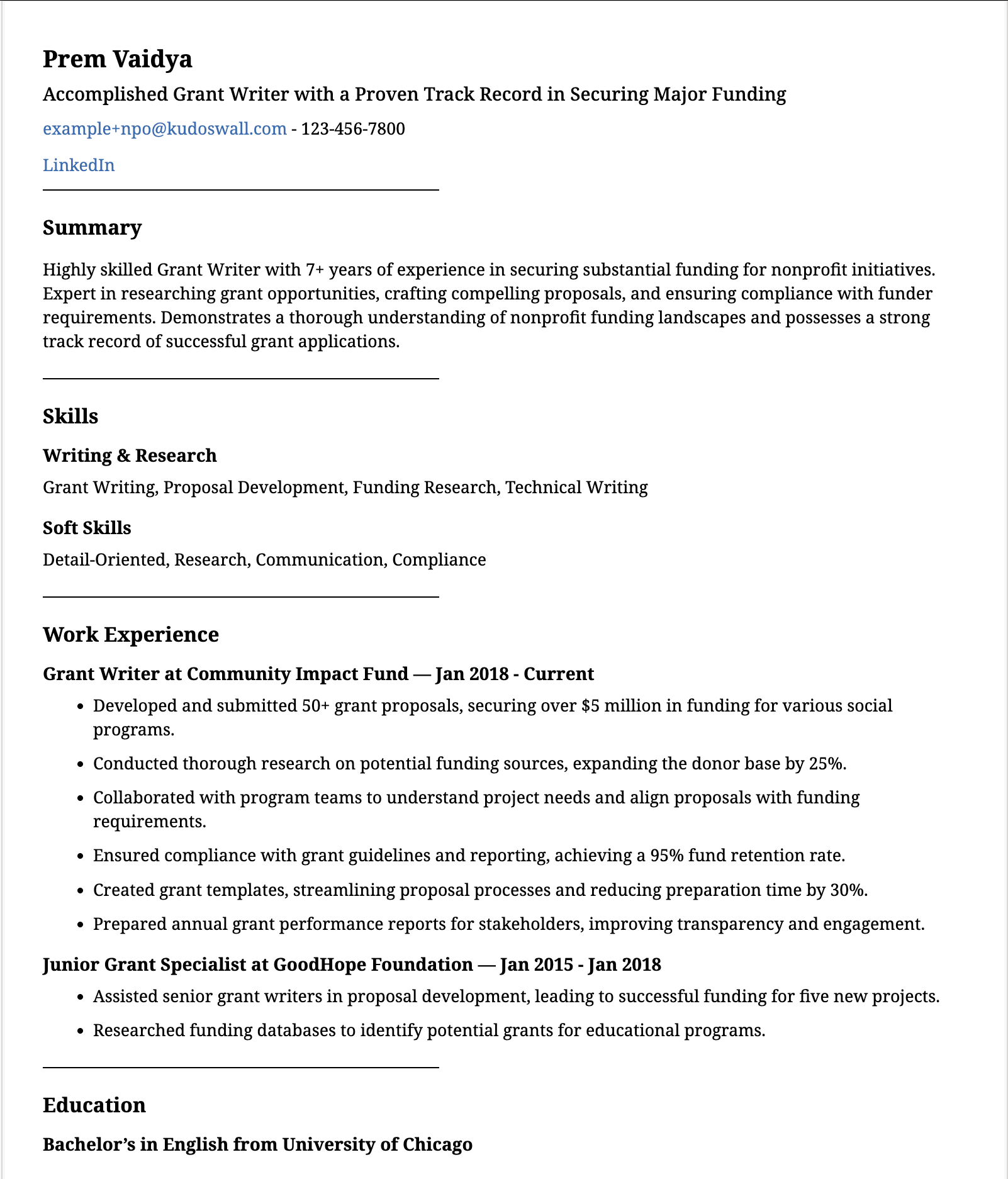 Grant Writer Resume Example