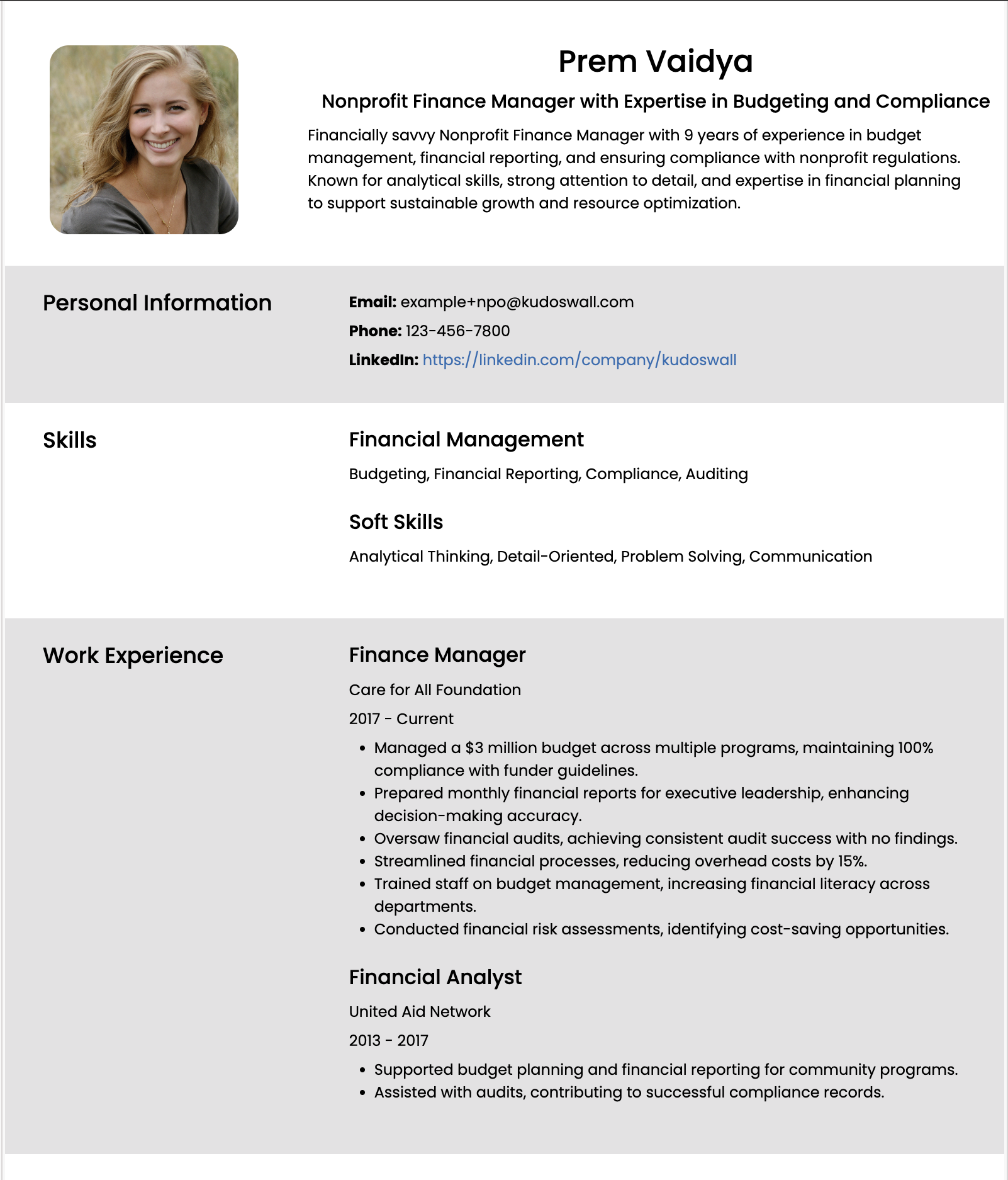 Nonprofit Finance Manager Resume Example
