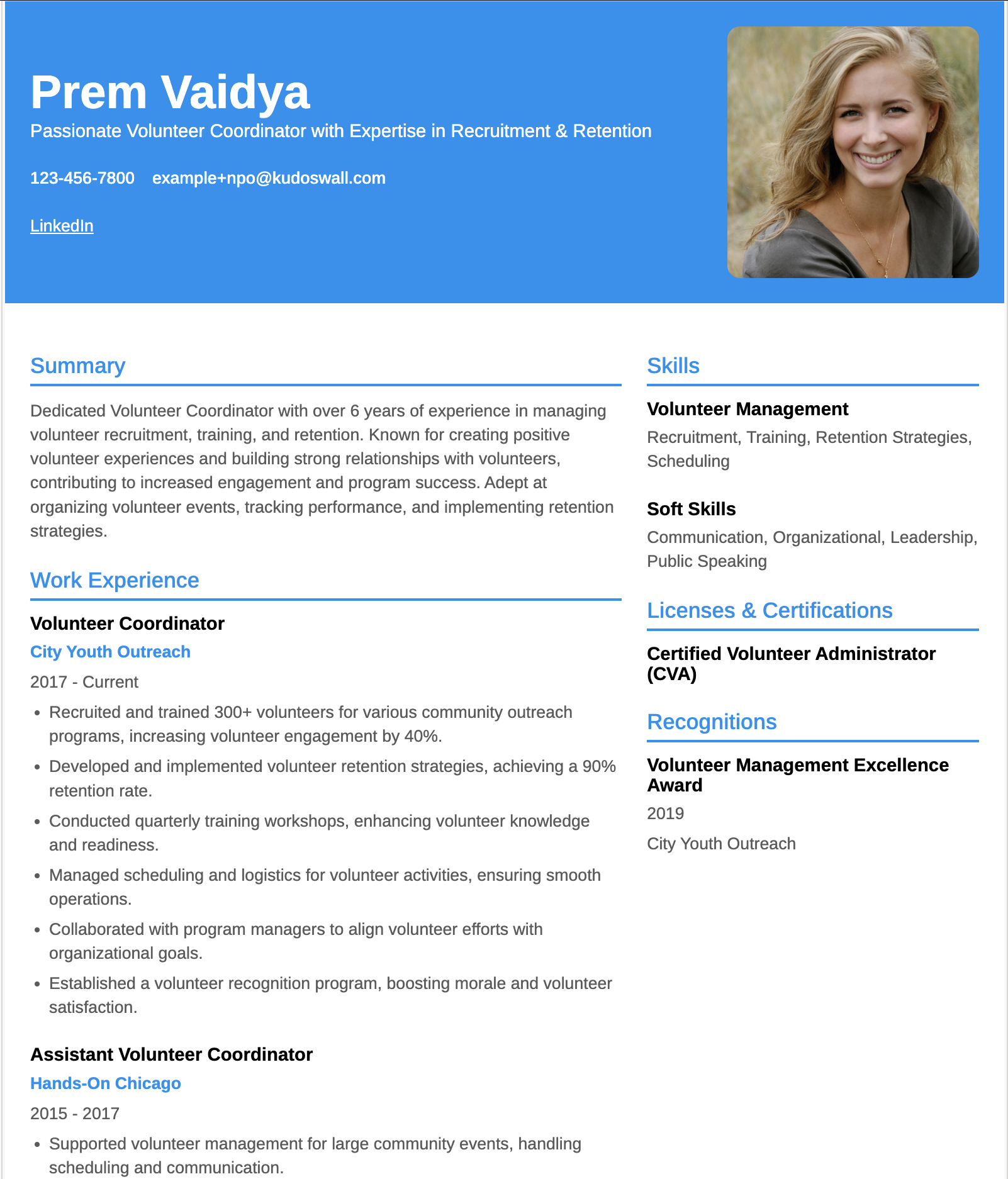 Volunteer Coordinator Resume Example