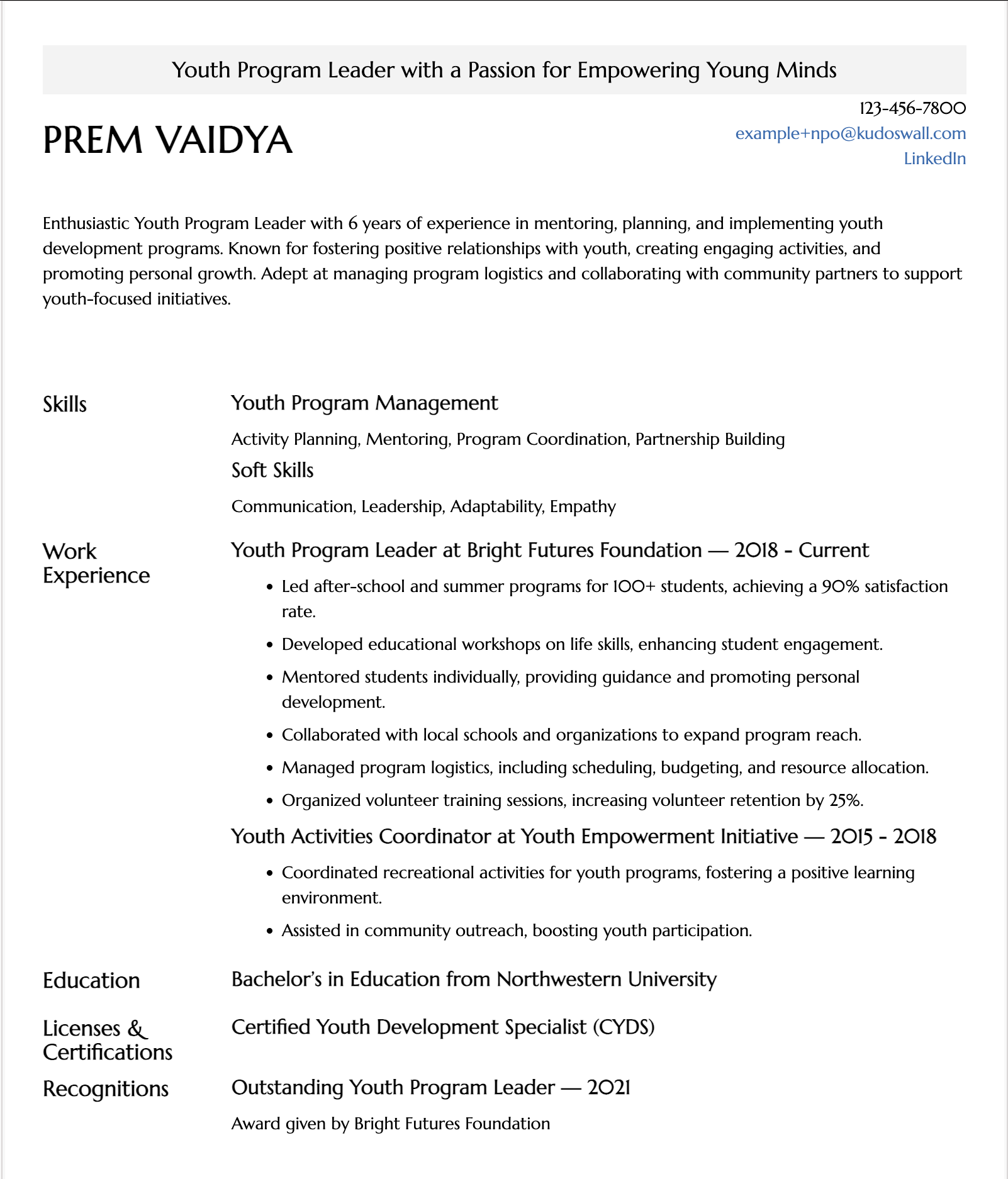 Youth Program Leader Resume Example