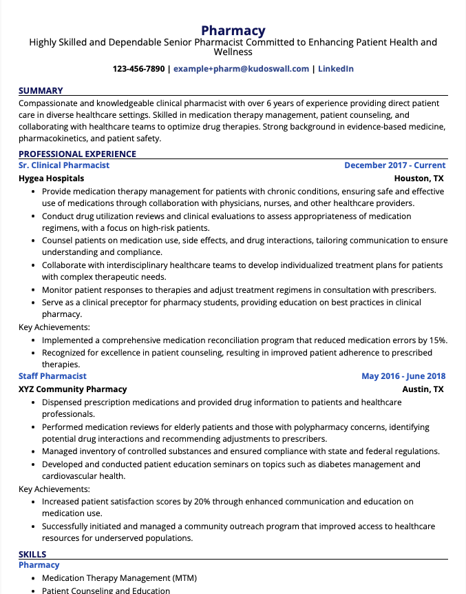 ATS-optimized Clinical Pharmacist resume format with examples of medication safety, prescription review, and patient interaction skills