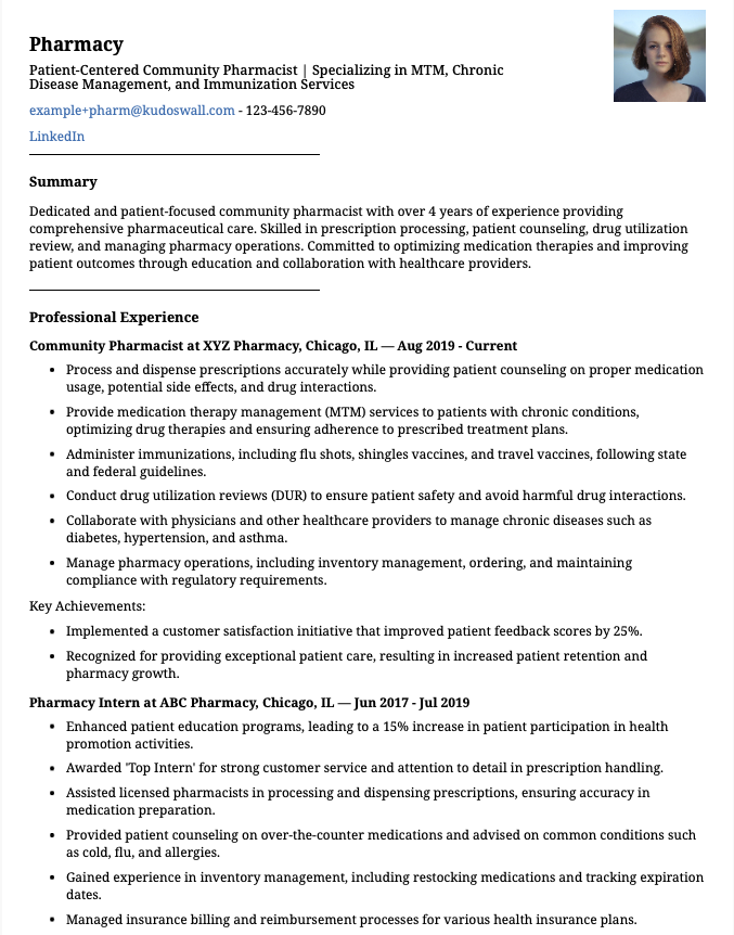 Community Pharmacist resume sample showcasing patient communication, inventory control, and prescription fulfillment