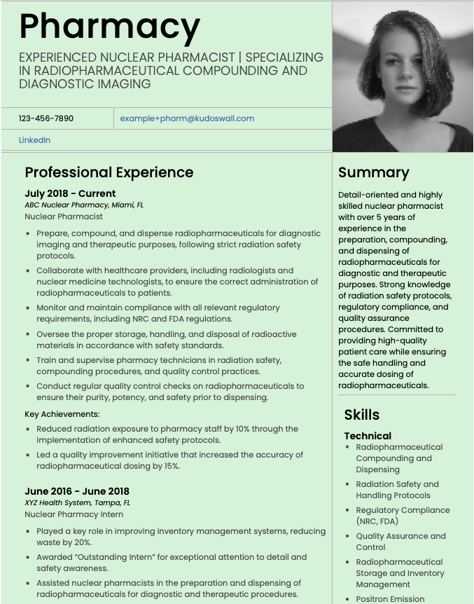 Nuclear Pharmacist resume example optimized for radiation safety, sterile preparation, and regulatory compliance