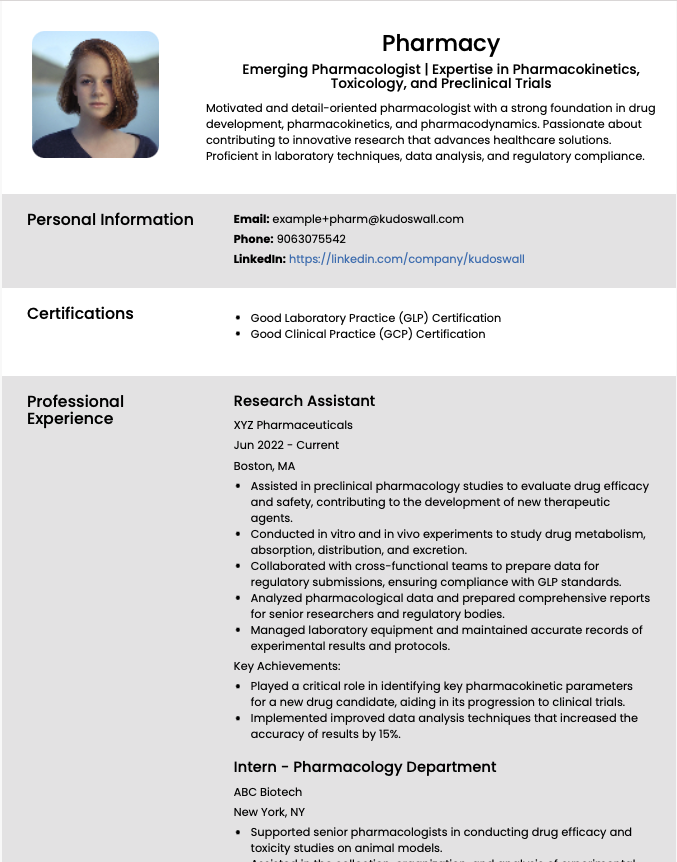 Sample resume for Pharmacologist featuring research experience, drug development, and clinical trial involvement