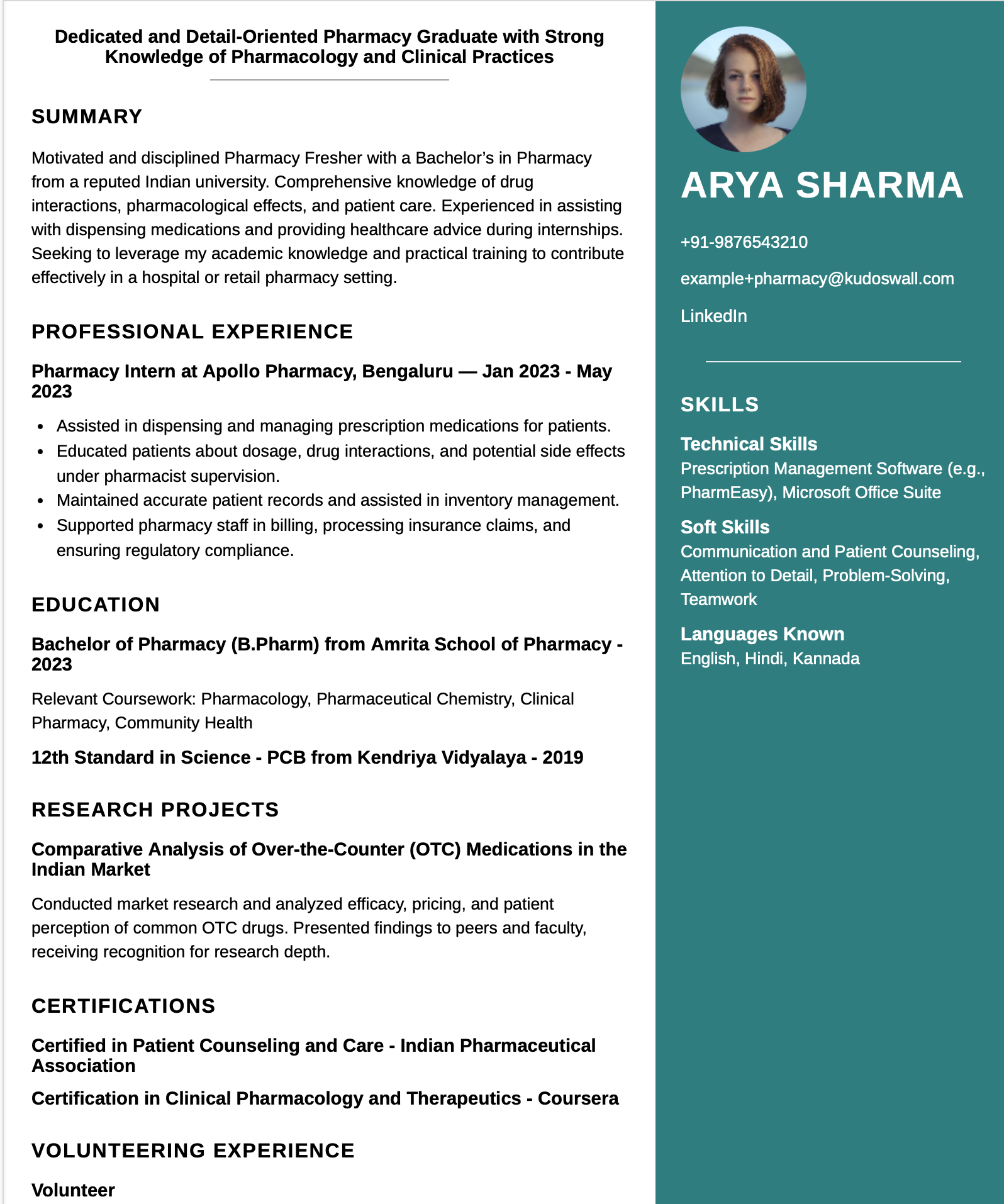 Fresher B.Pharm student resume example for hospital internship, retail pharmacy, or research assistant roles