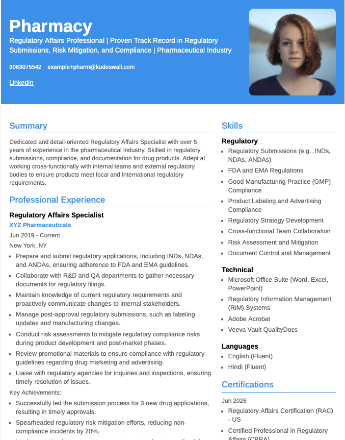 Regulatory Affairs Specialist resume template highlighting compliance, documentation, and pharmaceutical regulation experience