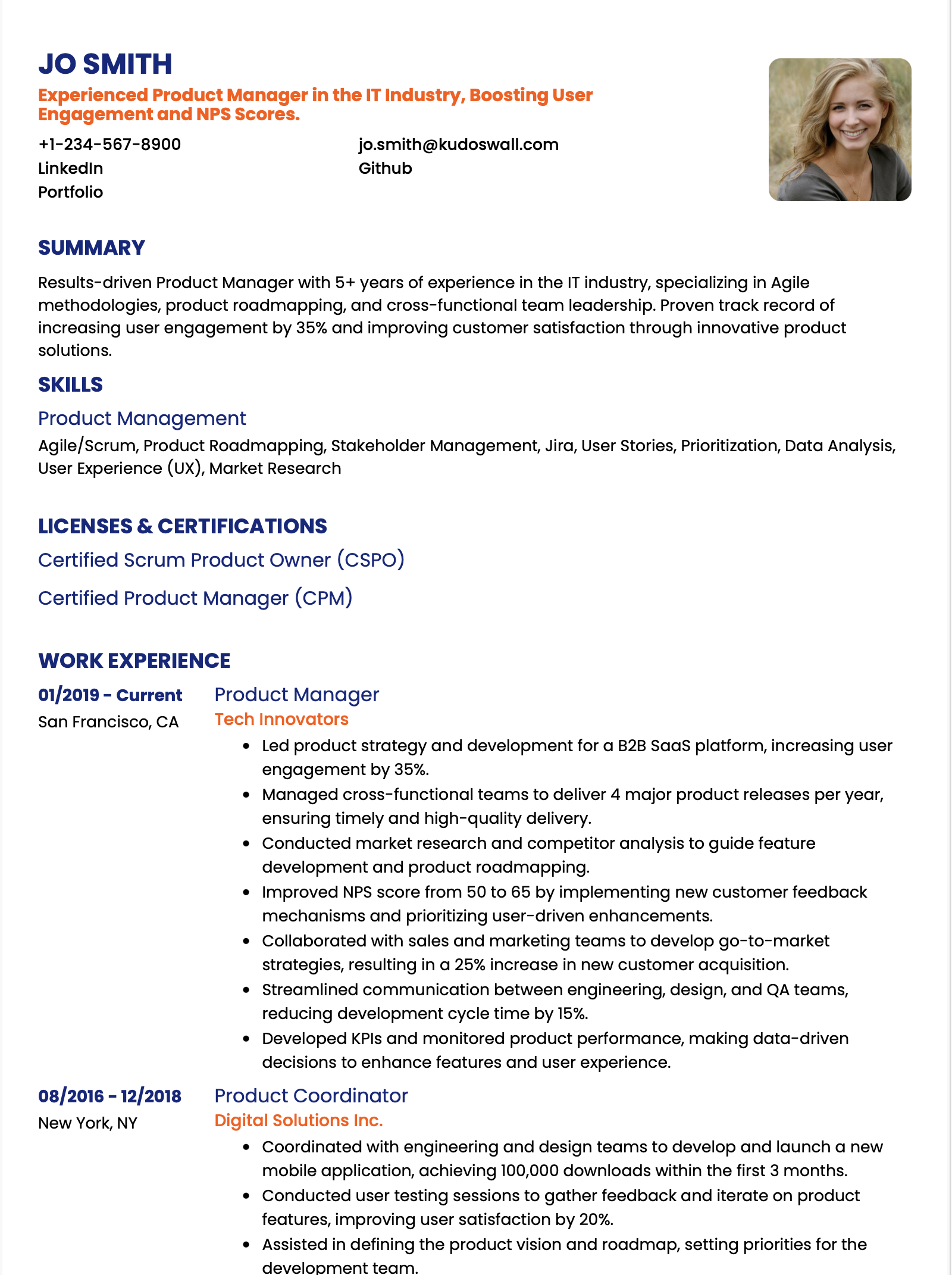 Product Manager Resume Example