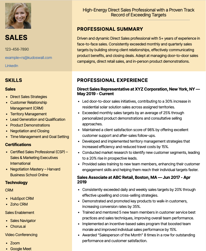 Direct Sales Resume Example