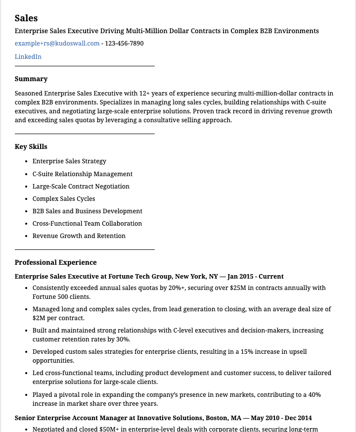 Enterprise Sales Resume Example
