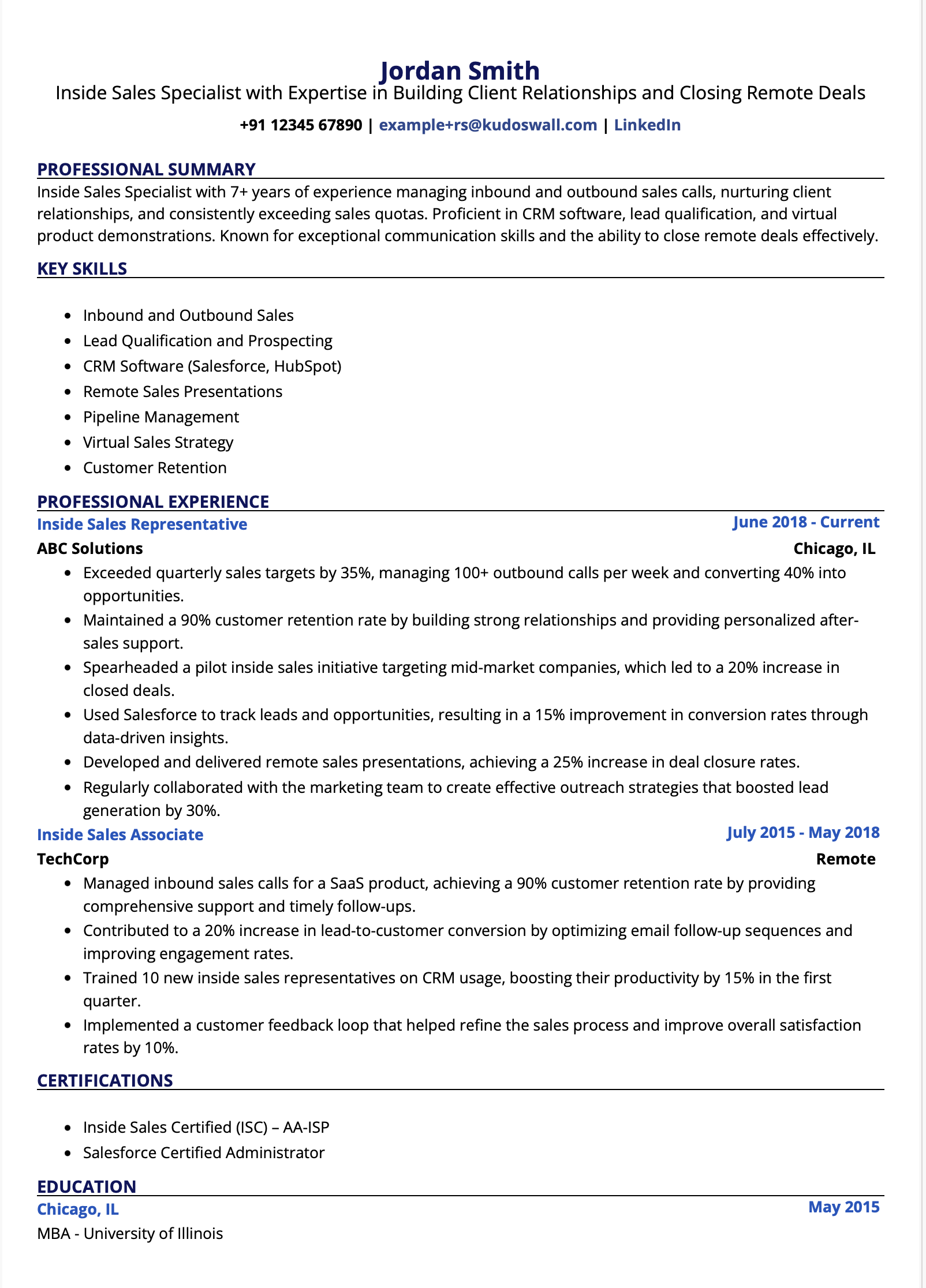 Inside Sales Resume Example