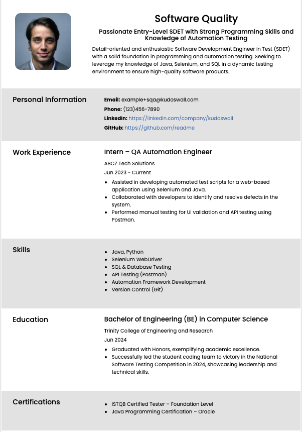 Entry-level Software Development Engineer in Test (SDET) Resume Example