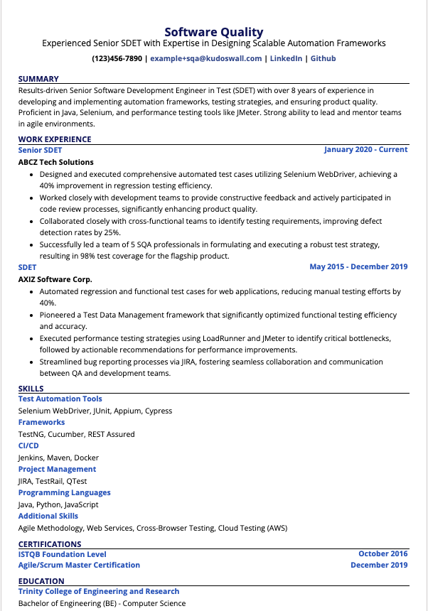 Senior Software Development Engineer in Test (SDET) Resume Example
