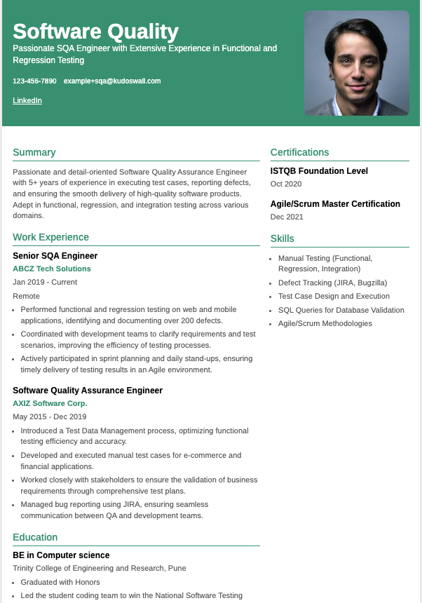 Software Quality Assurance (SQA Manual) Engineer Resume Example
