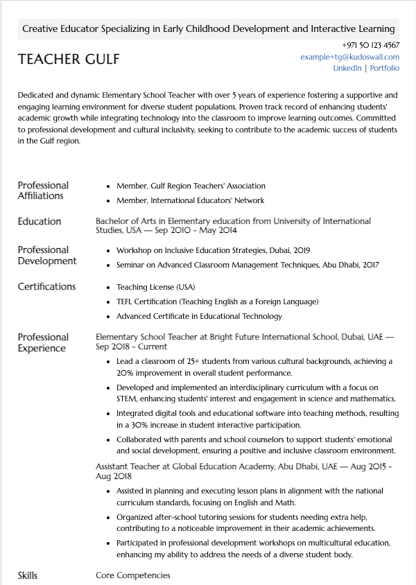 Elementary Teacher Resume ATS Template