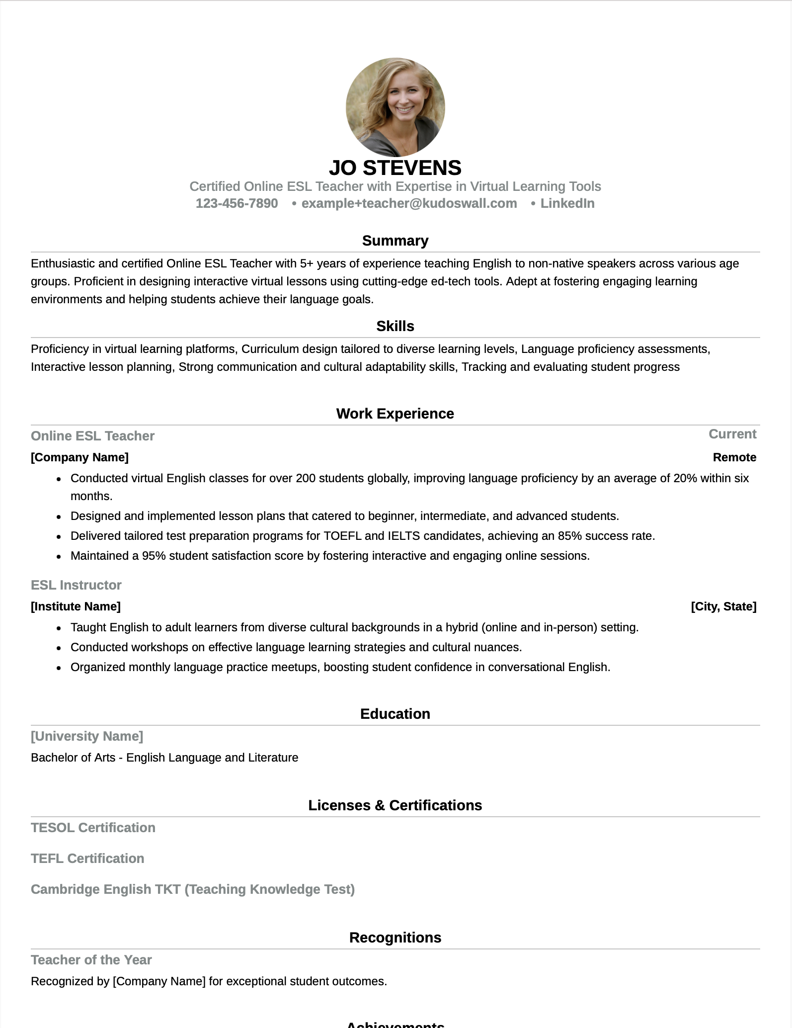 ESL Teacher Resume Sample 2025