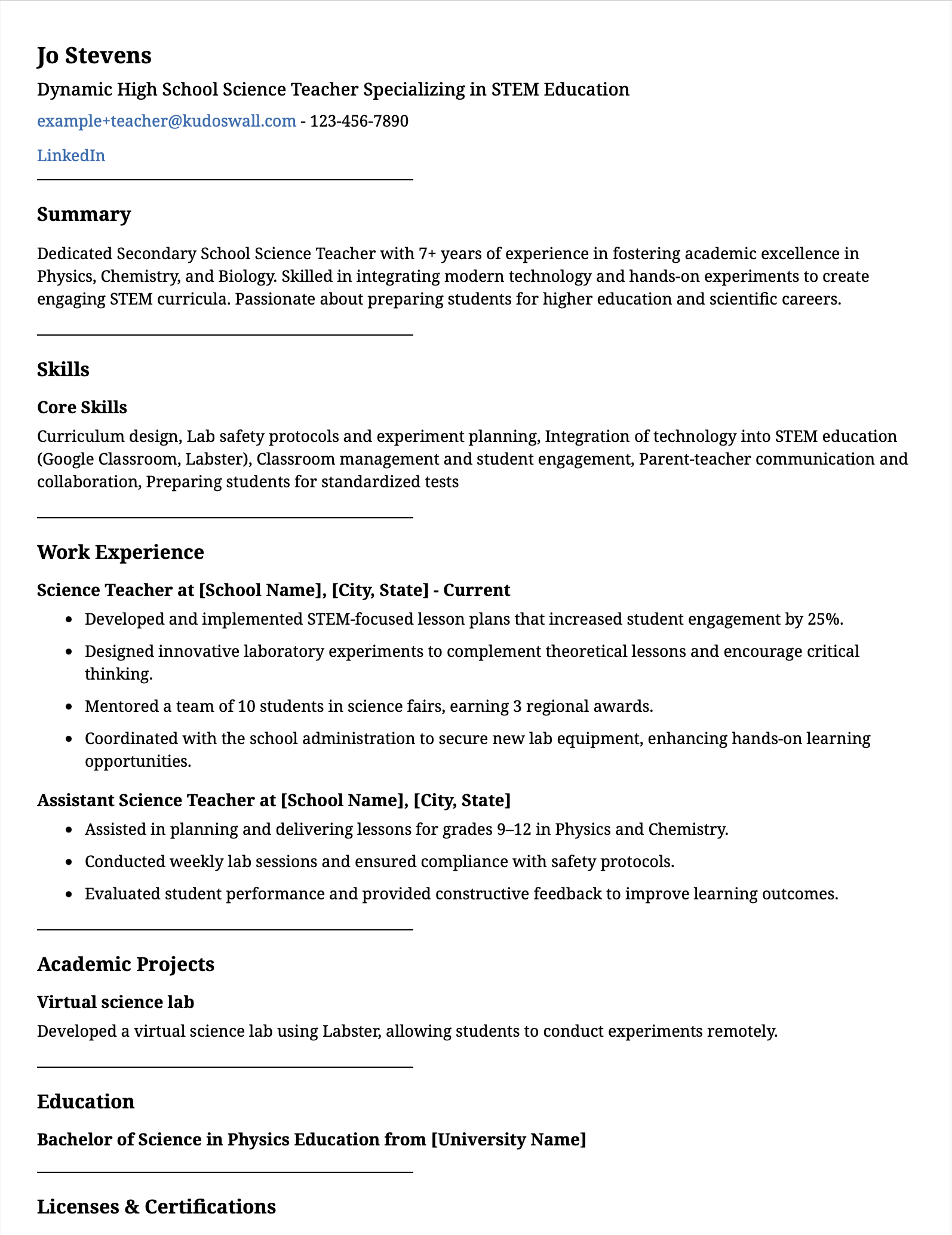 Example of a resumes for High School Science Teacher