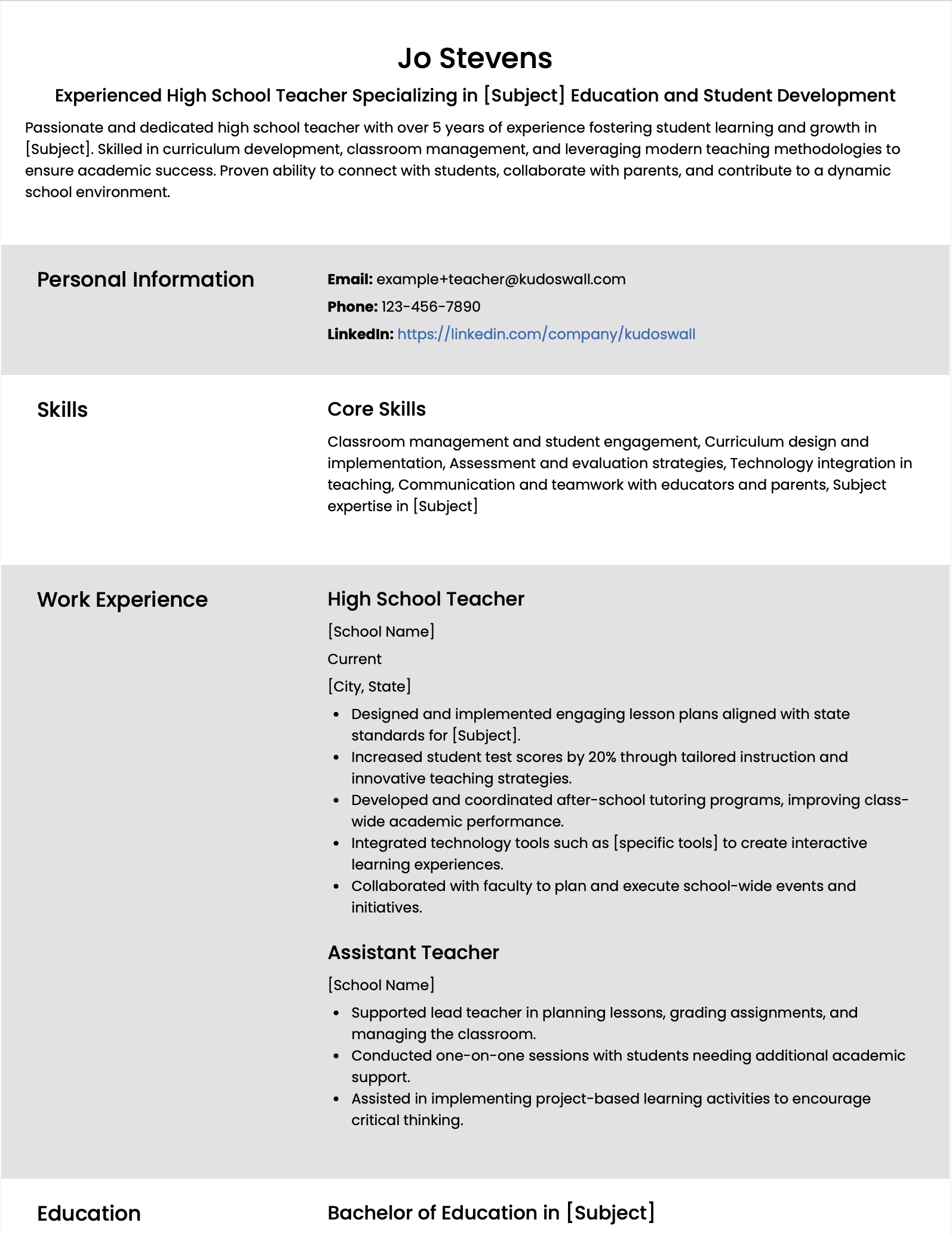 High School Teacher Resume ATS Example