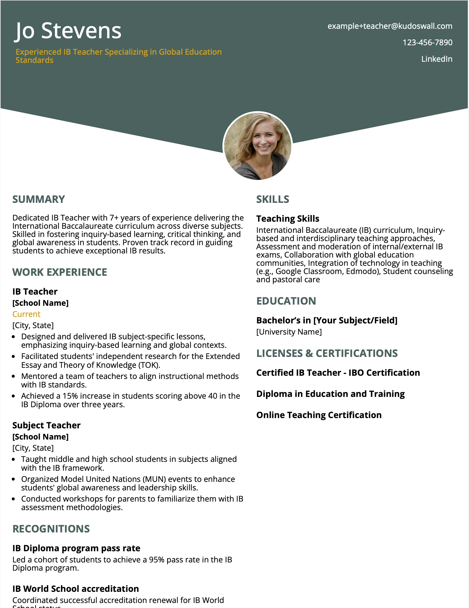 IB Teacher Resume Sample