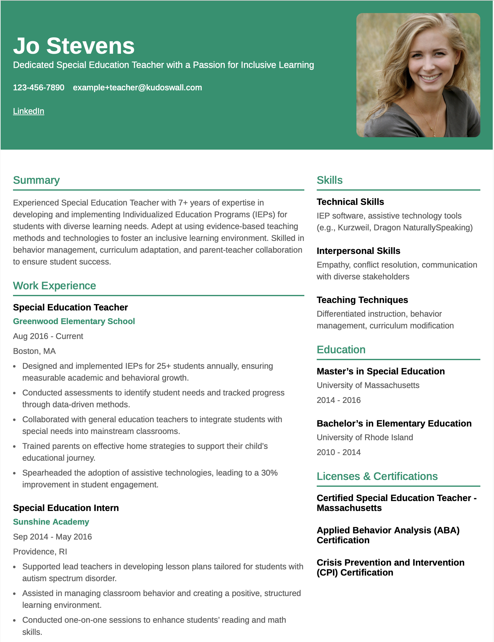 Special Education Teacher Resume Template ATS Friendly
