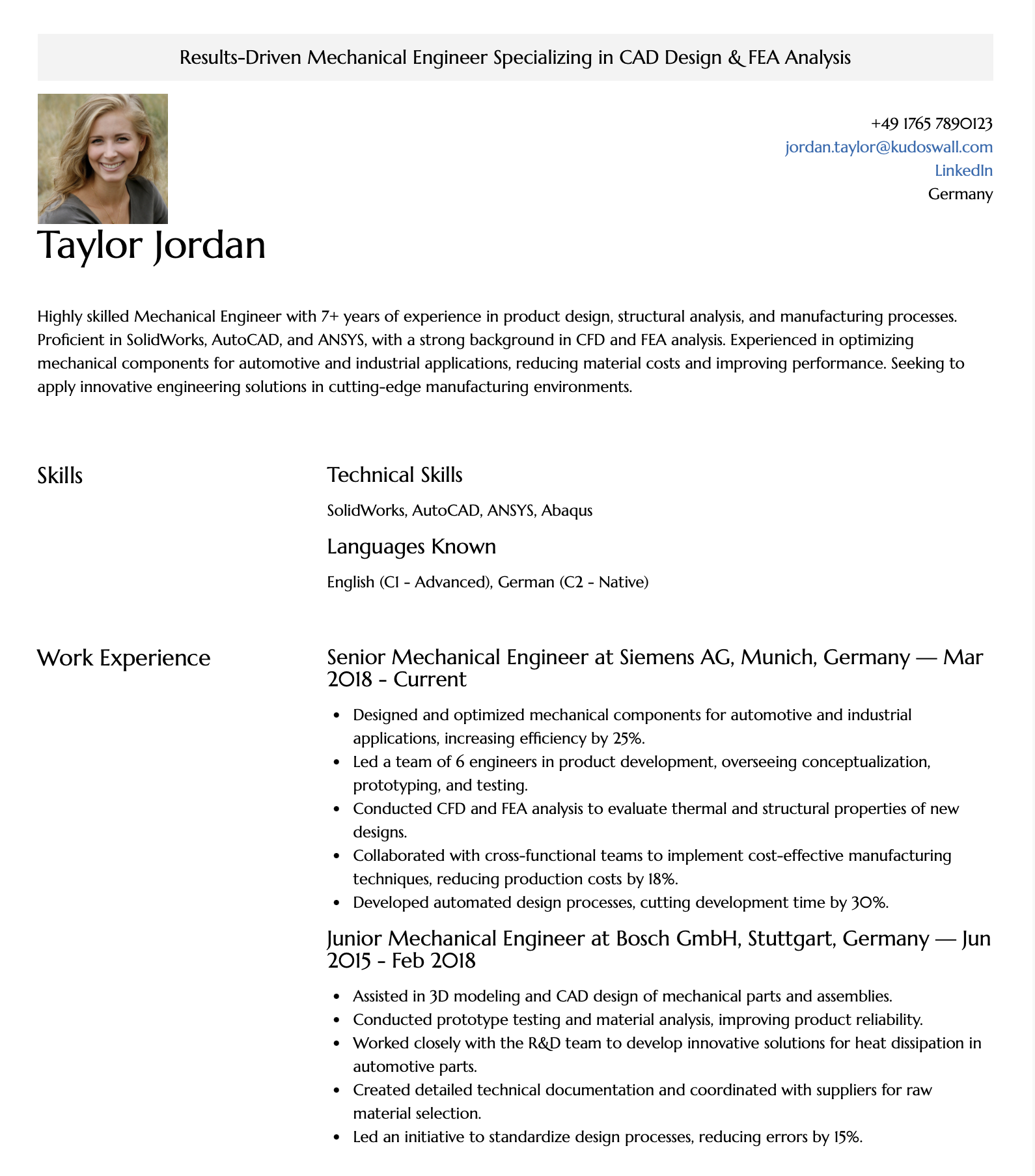 Example Mechanical Engineer Resume working in Munich, Germany